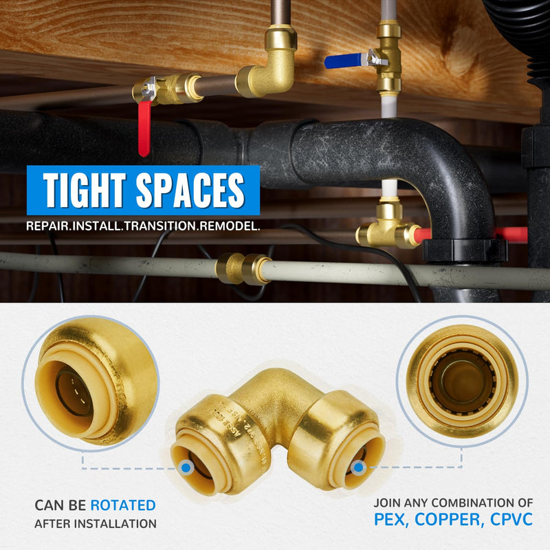 SUNGATOR 1/2" Push Pex 90 Degree Elbow Fittings, No Lead Brass Plumbing Fitting 1/2" Elbow, Push to Connect Pex Elbow, Quick Plumbing Fittings for Copper,CPVC,Pex Pipe, with 1 Release Tool, Pack of 6 1/2 Inch Brass Elbow, 6 Pack