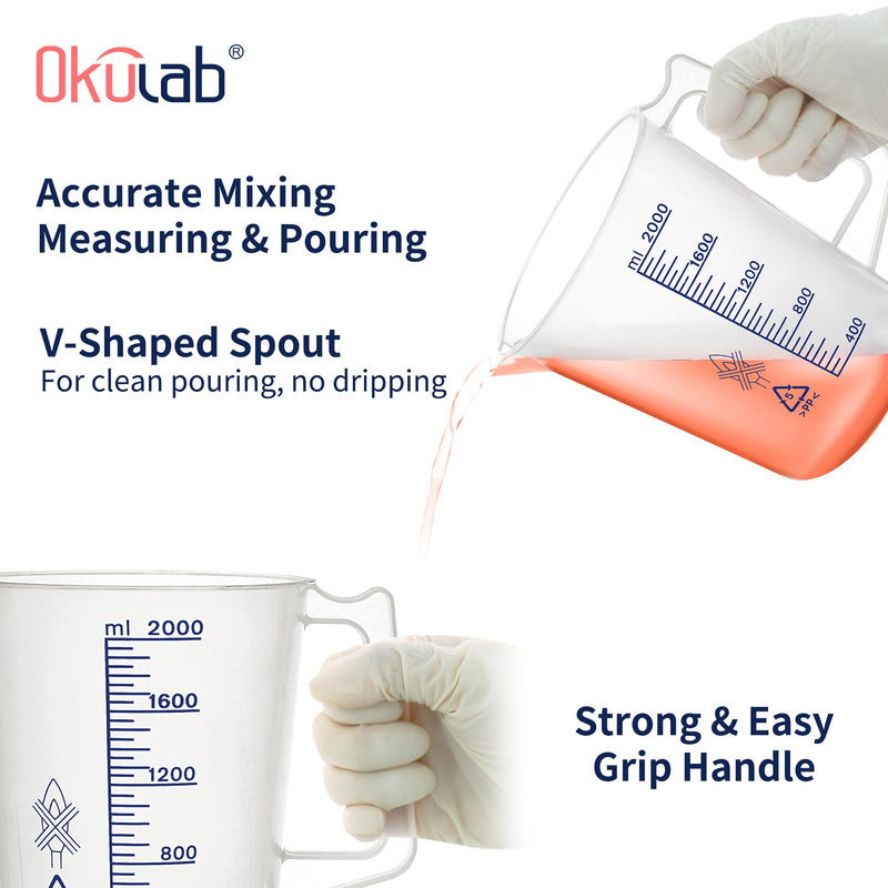 Plastic Beaker Set, 2000ml Measuring Beakers with Handle and Spout, 67.6oz Measure Pitcher with Blue Printed Scales for DIY, Petrol Filling, Swimming Pools and Lawns, BKAP2000A1 1 pc of 2000ml