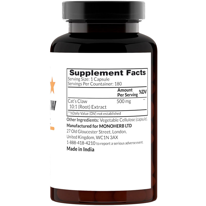 Cat’s Claw 10:1 Extract - 500 mg per Capsule - 180 Capsules - 180 Servings