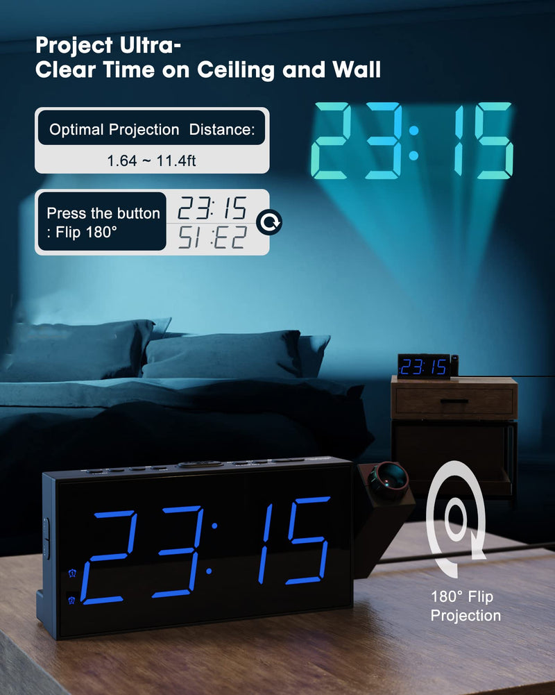 OnLyee Projection Alarm Clock for Bedroom, LED Digital on Ceiling Wall with USB Phone Charging, Battery Backup, 180° Rotatable Projector & Dimmer, 12/24H, DST, Snooze, Dual Loud Bedside Heavy Sleeper Black
