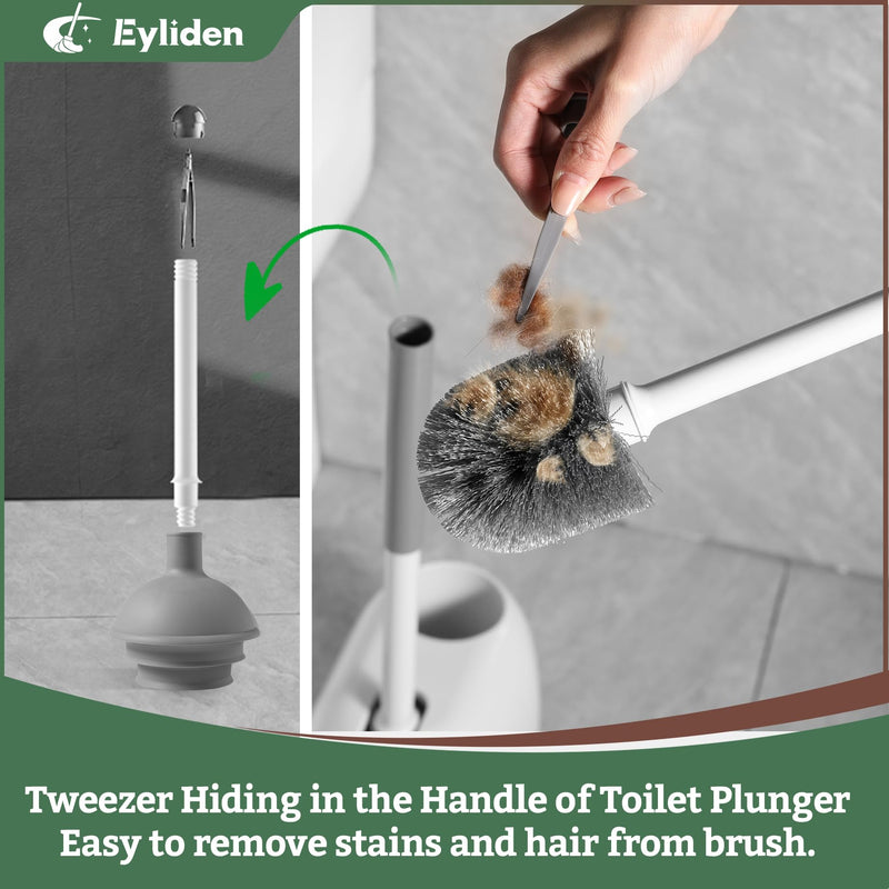 Eyliden Toilet Plunger and Brush Set, Upgrade 3-Step Suction Cup Toilet Plunger and Bowl Brush Set with Holder, Toilet Plunger Brushes Combo with Caddy (1 Pack, White & Grey) 1 Pack
