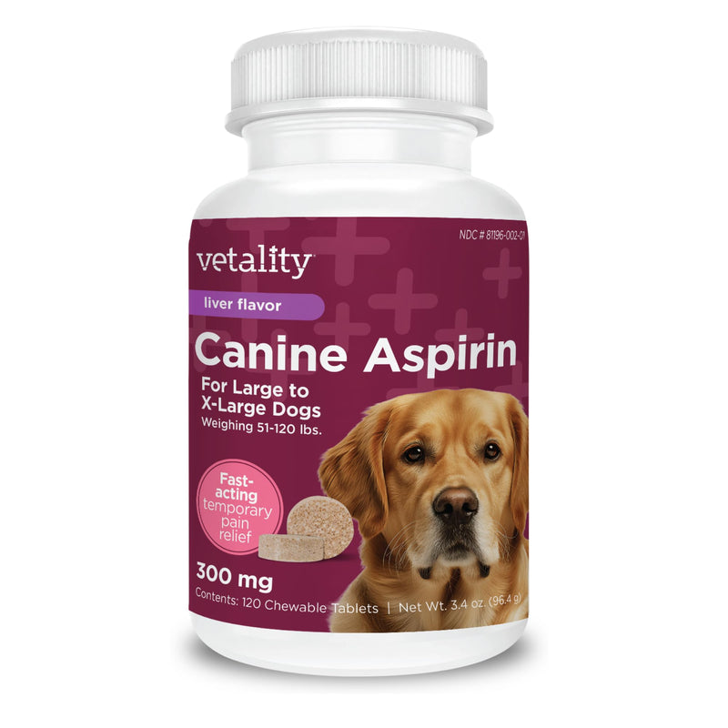 Vetality Canine Aspirin for Dogs | Fast Pain Relief | Large to X-Large Dogs | Liver Flavor | 120 Chewable Tablets No Color