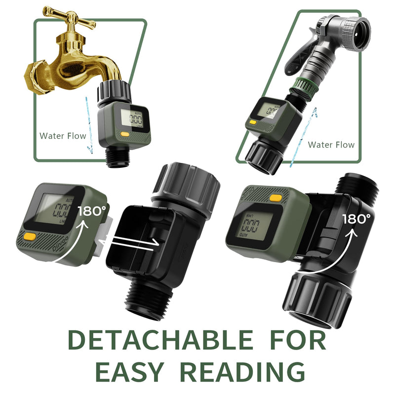 Diivoo Water Flow Meter with 180° Removable Panel, 4 Measure Modes, ±5% High Accuracy and IP54, Measure Gallon/Liter Consumption and Flow Rate for Outdoor Garden Hose Watering, RV Water Tank Filling 1 pack