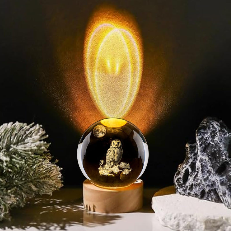 3D Owl Crystal Ball Night Light with LED Stand,Crystal Owl Figurine Lamp,Laser Etched Engraved Glass Paperweight,Owl Decor Gifts for Women Kids(2.4 in)