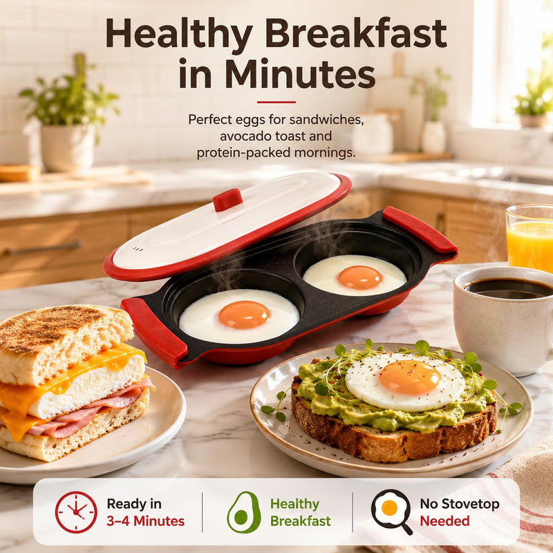 Microwave Egg Cooker & Poacher, 2-Egg Microwave Frying Pan with Vented Lid, PTFE Nonstick Metal Heat Plate, Food-Grade Silicone Handles, Compact Egg Maker for Breakfast Sandwiches, Dorm, RV for 2 eggs