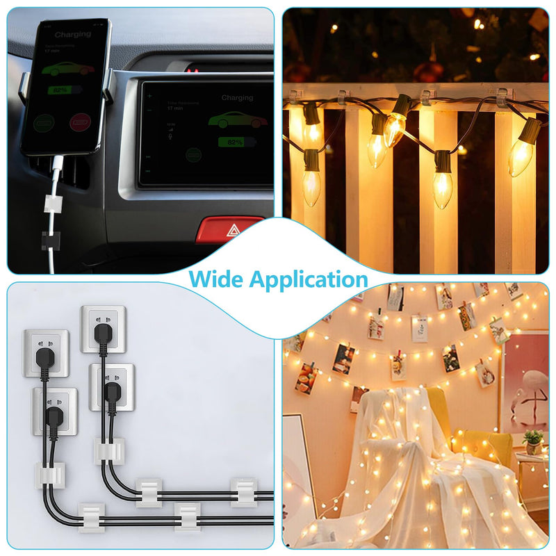 100PCS Cable Clips, Adhesive Wire Clips Organizer Cord Clips Management, Cable Staples Outdoor Strong for Wall, Desk, Christmas Lights, String Lights, TV PC Ethernet Cable, Clear Small