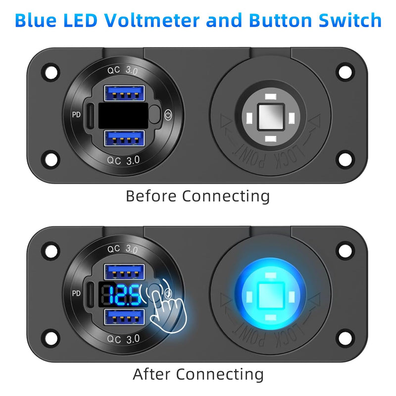 12V USB Outlet,2 in 1 Marine Switch Panel,Aluminum Alloy PD3.0 and Dual QC3.0 Multi Ports Car Charger with LED Voltmeter Power Switch, 120W Cigarette Lighter Socket, for Boat Truck RV 2in1 Dual QC3.0 and PD3.0