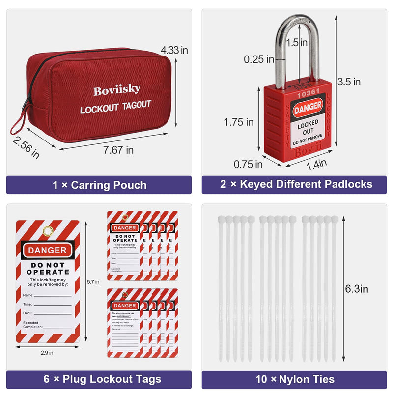 Lockout Tagout Kit with Red Safety Padlocks, Hasps Set, Loto Tags, Bag, Electrical Lock Out Tag Out Kits, Keyed Different, 2 Keys Per Locks 2 locks loto kit-Keyed Different