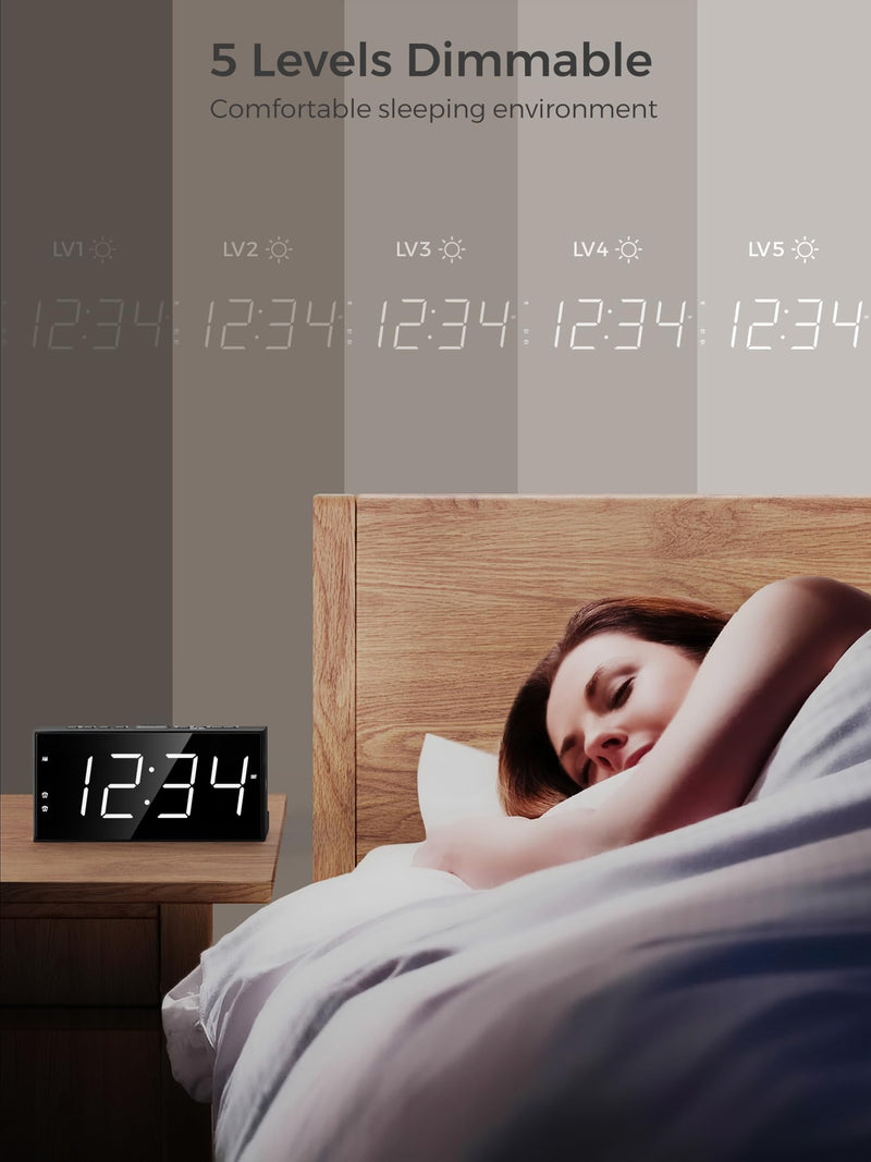 PPLEE Alarm Clock for Bedroom, 2 Alarms Loud LED Big Display Plug in Simple Basic Digital Clock with USB Charging Port, Adjustable Volume, Dimmable, Snooze for Deep Sleepers Kids Elderly Home Office With Basic Digits White