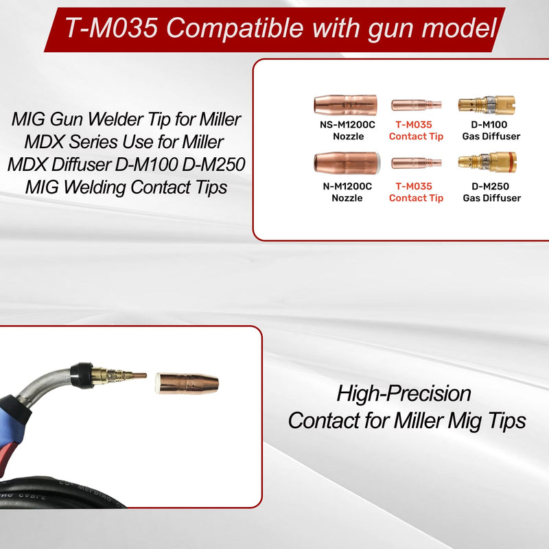 50PK T-M035 .035"(0.9mm) MIG Welding Contact Tips for Miller MDX Series MIG Gun, Welder Tip for Miller MDX Diffuser Use with Miller MDX Diffuser D-M100 D-M250, MIG Welding Contact Guns Tip Parts T-M035 50PK