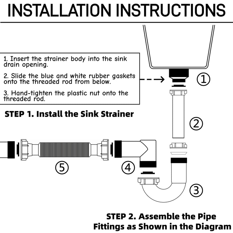 Complete Kitchen Sink Drain Kit with 3-1/2 Inch Strainer Assembly, 1-1/2" P-Trap Plumbing Pipe, Universal Flexible Drain for Wall or Floor Outlet, Includes Basket, Gaskets & Tailpiece
