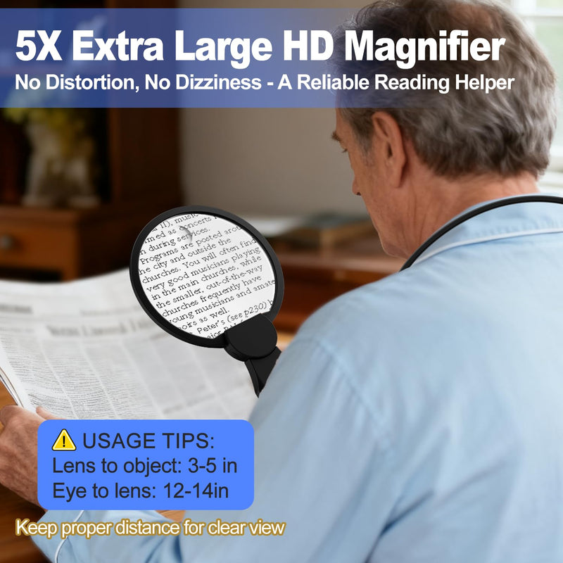 Magnifying Glass with Light Hands Free for Reading 5.5 Inch 5X, LED Light with 2 Modes, Flexible Neck-Worn Large Magnifie, Illuminated Magnifier for Seniors Inspection, Coins, Jewelry, Sewing 5.5 Inch with Light