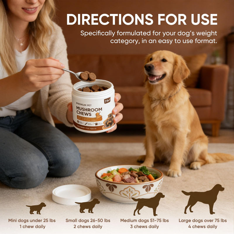 Turkey Tail Mushroom for Dogs - Mushroom Chews for Dog - Reishi, Lion’s Mane, Chaga - Immunity, Gut, Skin, Joint Support - All Breeds & Sizes - 120 Chews 1