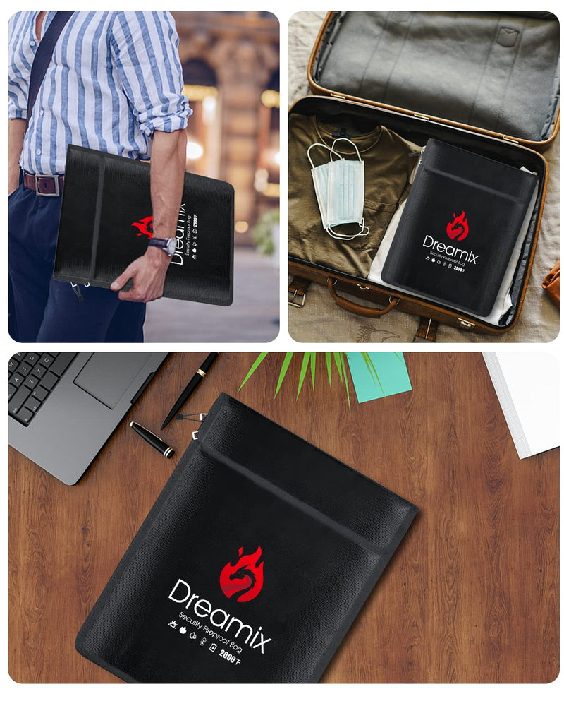 Dreamix Fireproof and Waterproof Document Bag Safe Storage Valuables Cash Jewelry Legal Documents File Upgraded Two Pockets Fireproof Money Bag (Black) Black