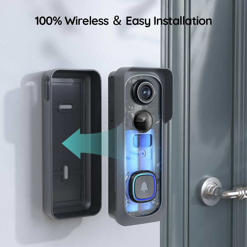 BOIFUN Wireless Doorbell Camera with Chime - 166° Wide Angle View, 2K HD Video, Quick Wake Up and Motion Detection, 6700mAh Battery, Intelligent HDR Night Vision, Two-Way Audio (No Subscription) Black