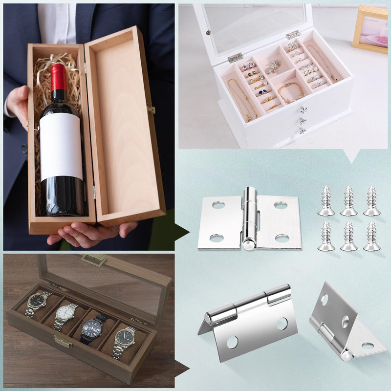14 Sets Small Hinges with Screws, Stainless Steel Jewelry Box Hinges Silver, 1 in Mini Hinges for Wooden Box, Folding Butt Hinges, Miniature Hinges, Jewelry Box Hardware Hinges for DIY Jewelry Box