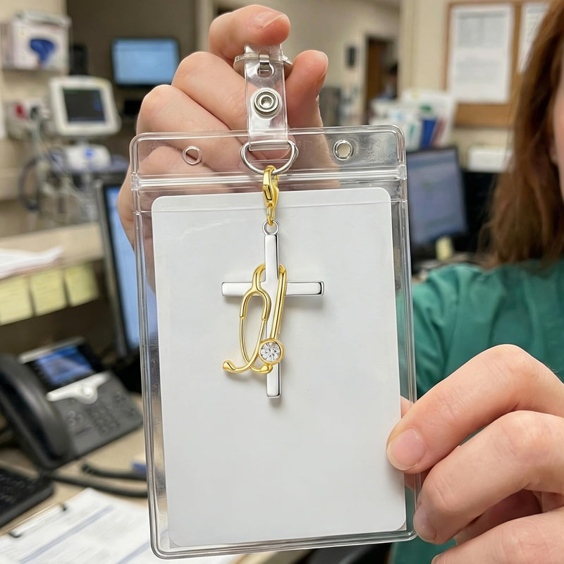 Cross Stethoscope Charm, Stainless Steel Cross Badge Reel Buddy Stethoscope Charm with Rhinestone, ID Holder Clip Badge Holders Reel Accessories for Nurse Doctor Keychains- Gold