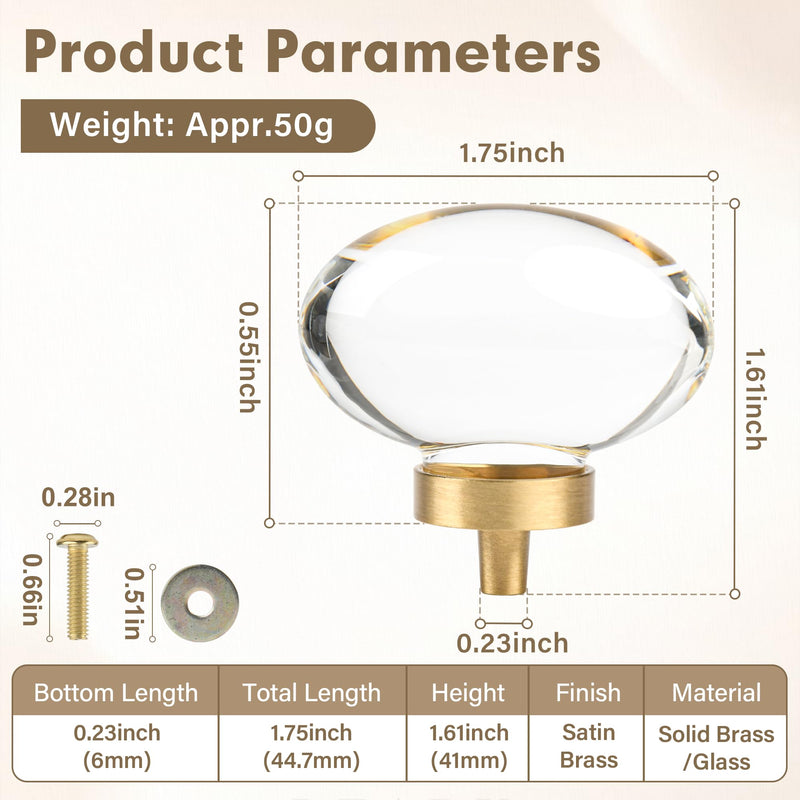 Jovenille-Solid Brass Crystal Glass Kitchen Cabinet Knobs 5 Pack, Oval Shape Glass Brushed Gold Drawer Dresser Knobs,Decorative Cupboard Wardrobe Pulls, Modern Cabinet Hardware for Bathroom