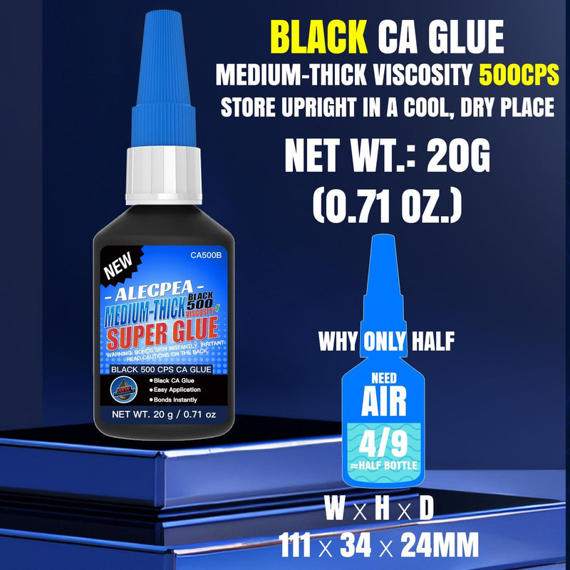 20g Black Medium-Thick CA Glue (500 CPS),Premium Cyanoacrylate Super Glue for Wood, Glass, Metal, Paper, Leather, Plastic, Ceramic, Rubber, Jewelry, Woodworking, Hobby Models, and Craft Project 20g/1Pack Black/500CPS