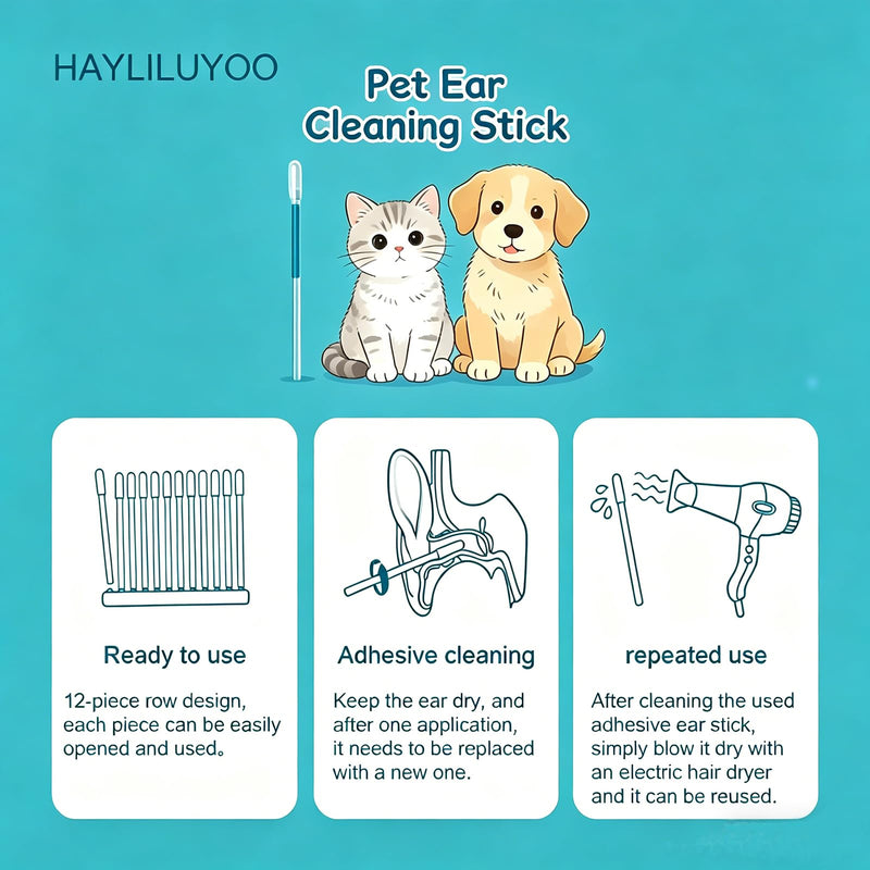 48 Pcs Pet Ear Cleaning Stick, Adhesive Ear Cleaning Tools for Dog and Cat, Sticky Resin Head, Gentle Safety Pets Earwax Removal Tools 48