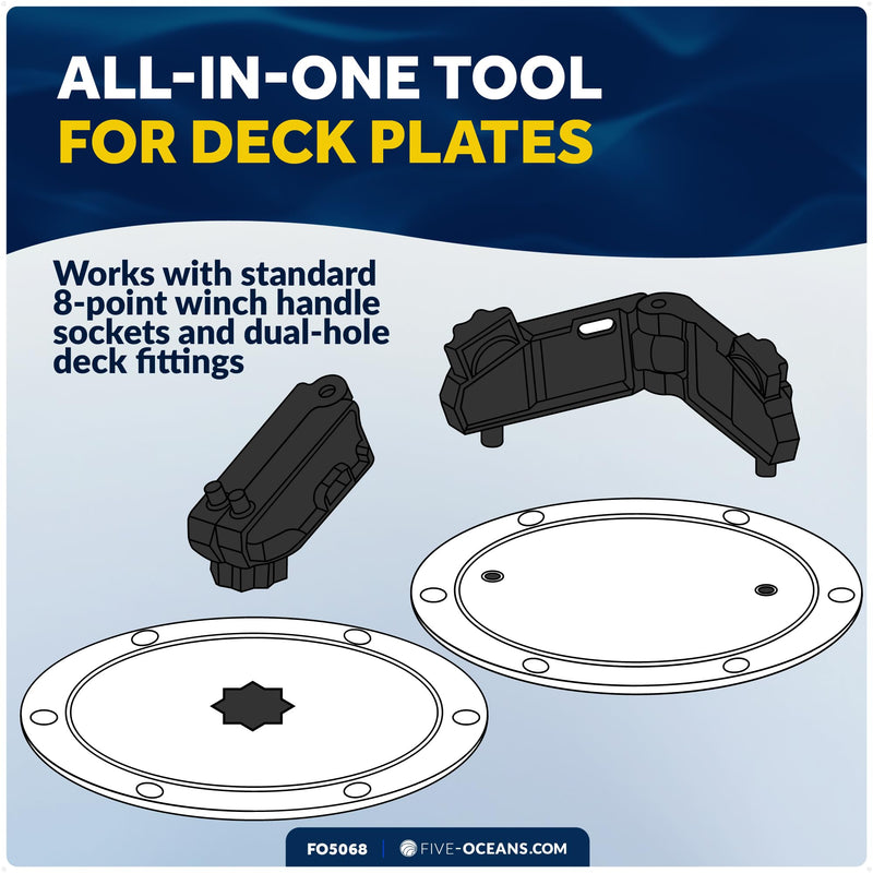 Five Oceans Adjustable Universal Deck Plate and Deck Fill Key – Marine Deck Fill Tool, 8-Point Winch Socket, Dual-Hole Fit, Adjustable to 4-5/16" (110 mm), Heavy-Duty Nylon