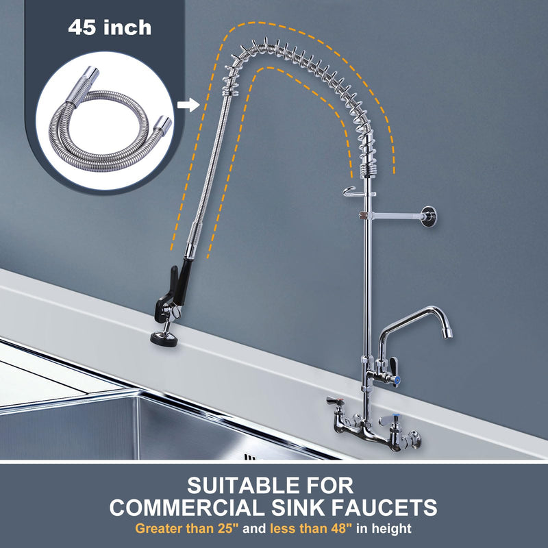 45" Commercial Sink Faucet Sprayer Hose, Pre-rinse Sprayer Hose for Commercial Kitchen Sink Faucet, 45 Inch Stainless Steel Flexible Hose Replacement Kit for Restaurant Industrial Dishwasher