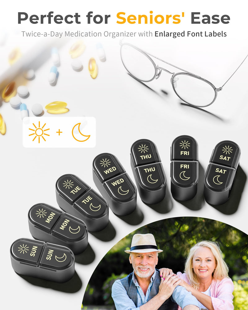 Weekly Pill Organizer 2 Times a Day, AM PM Pill Organizer 7 Day, Large Pill Box 7 Day, Travel Pill Case Daily, Black Privacy Protection Medicine Container for Medication, Vitamins, Supplements