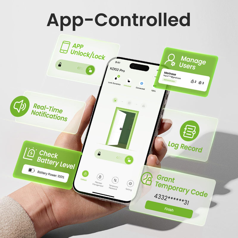 GHome Smart Fingerprint Door Lock, 4-in-1 Fingerprint Door Knob with Keypad, App Control, Keys, Removable & Rechargeable Battery, Door Locks for Bedroom, Home, Garage, Storage Room KD03 PRO