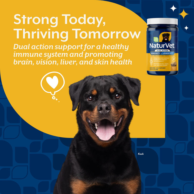 NaturVet Immunity + Longevity Dual Action Supplement for Dogs, Helps Support Immune Response & Cellular Health with NAD+ Precursor, Milk Thistle, Lutein, & Zinc, 60 Hickory Bacon Soft Chews