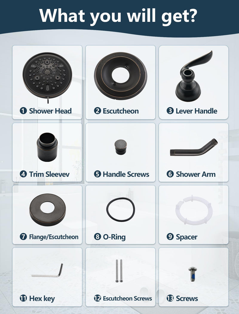 Shower Faucet Trim Kit for Delta 13/14 Series, with Shower Arm & Shower Cover Plate and Handle, Oil Rubbed Bronze Metal (No Valve/Cartridge)