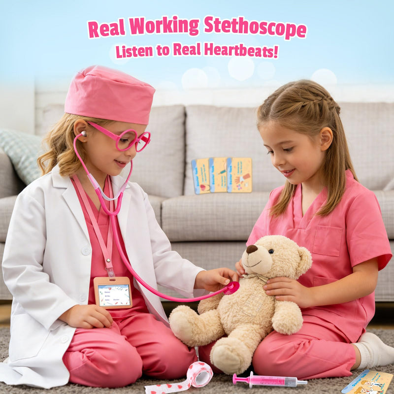 UNGLINGA Doctor Costume for Girls - Kids Scrubs with Lab Coat Stethoscope, Doctor Dress Up for Halloween Career Day Role Play M (5–6Y)