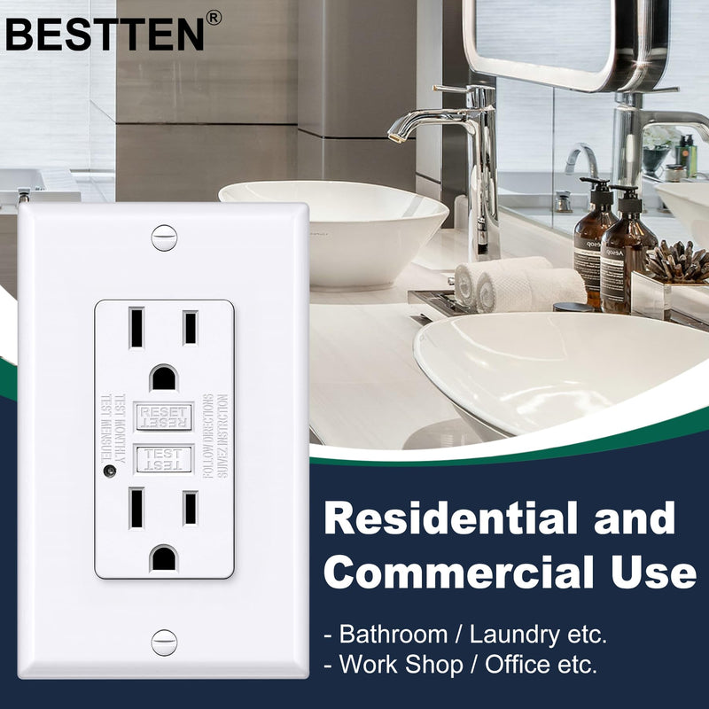 BESTTEN GFCI Outlet 15 Amp, GFI Receptacle Outlet with LED Indicator, Ground Fault Circuit Interrupter, Non-Tamper-Resistant, Wallplate Included, ETL Certified, 10 Pack, White 15A Indoor