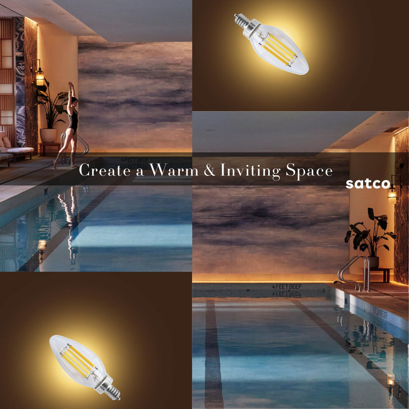 Satco S11385 8W C11 LED Filament Candle Bulb, 3000K Soft White, 760 Lumens, E12 Candelabra Base, Clear Finish, 90+ CRI, Dimmable, Energy-Efficient, for Chandeliers and Decorative Fixtures (6 Pack)