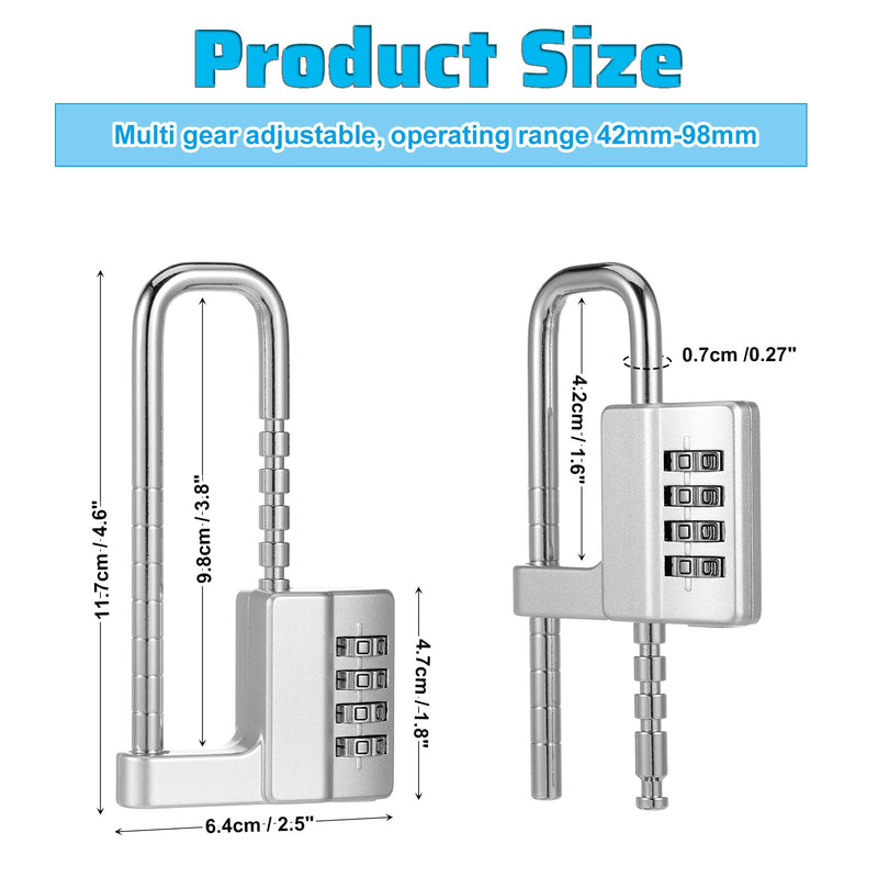 2Pcs 4Digit Combination Cabinet Lock U Shaped Code, Stainless Steel Adjustable Padlock with Code, Waterproof Metal Long Shackle Lock Retractable for Outdoor College Fences Sports Locker Gym