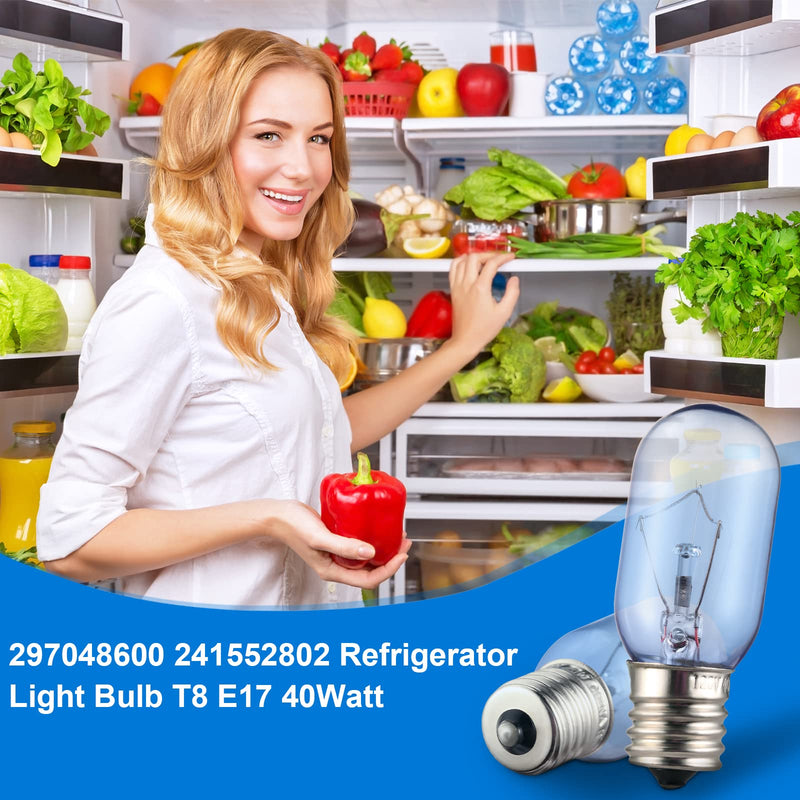 297048600 241552802 Refrigerator Light Bulb Replacement for Frigidaire Whirlpool KitchenAid Electrolx Kenmore Fridge Light Bulbs Freezer Light Bulb Replacement-T8 E17 40W (2 Pack) 2 Pack