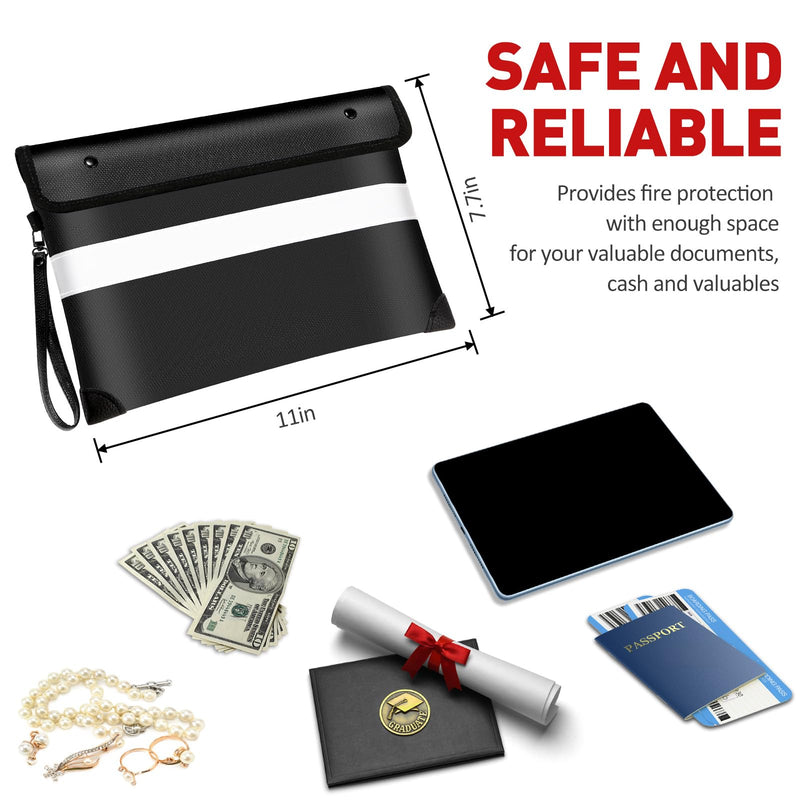Vailoin 5200℉ Insulated Fire Proof Money Bag for Cash,Portable Waterproof Fireproof Document Bag with Reflective Strip,Fireproof Envelope for Cash,Important Documents,Valuables(11"x7.7", Black) 11"x7.7"