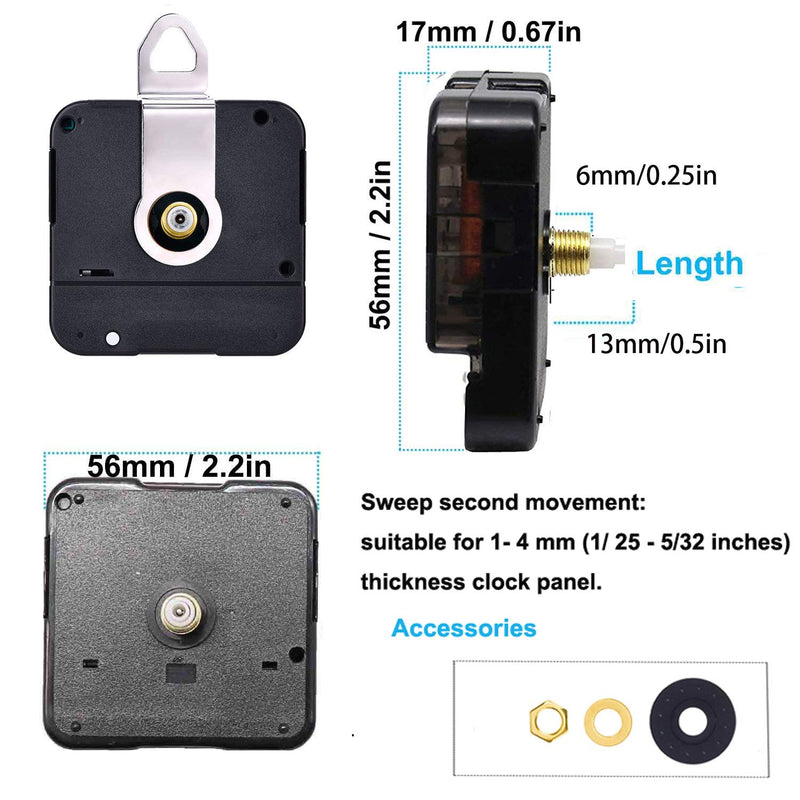 2 Pack Non Ticking Wall Miniature Clock Movements Mechanism with 5 Pairs of Short Hands Quartz Motor Kit Battery Operated DIY Repair Parts Replacement, 5/32 In Max Dial Thick, 1/2 In Shaft Length Shaft Length 1/2 Inch