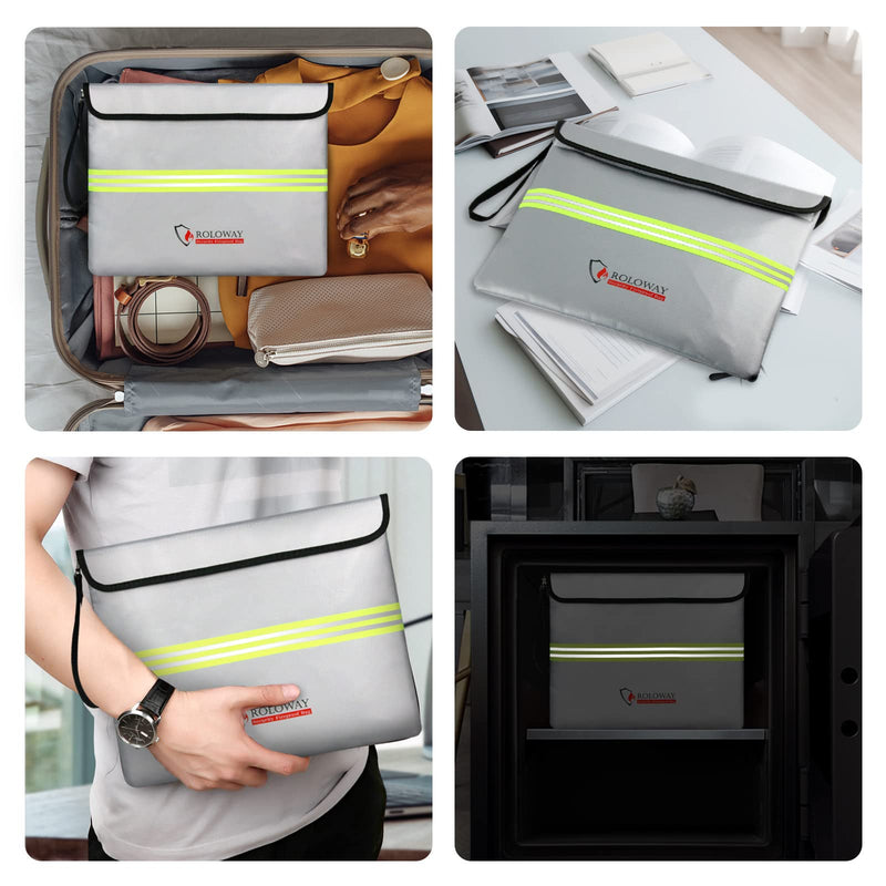 ROLOWAY Fireproof Document Bag (14 x 11 inch) with 5200℉ Upgraded Aluminum Foil Layer, Fireproof Bag for Documents with Reflective Strip, Fireproof Money Bag for Cash Safe with Zipper (Silver) 14 x 11 inch 5200℉ Silver
