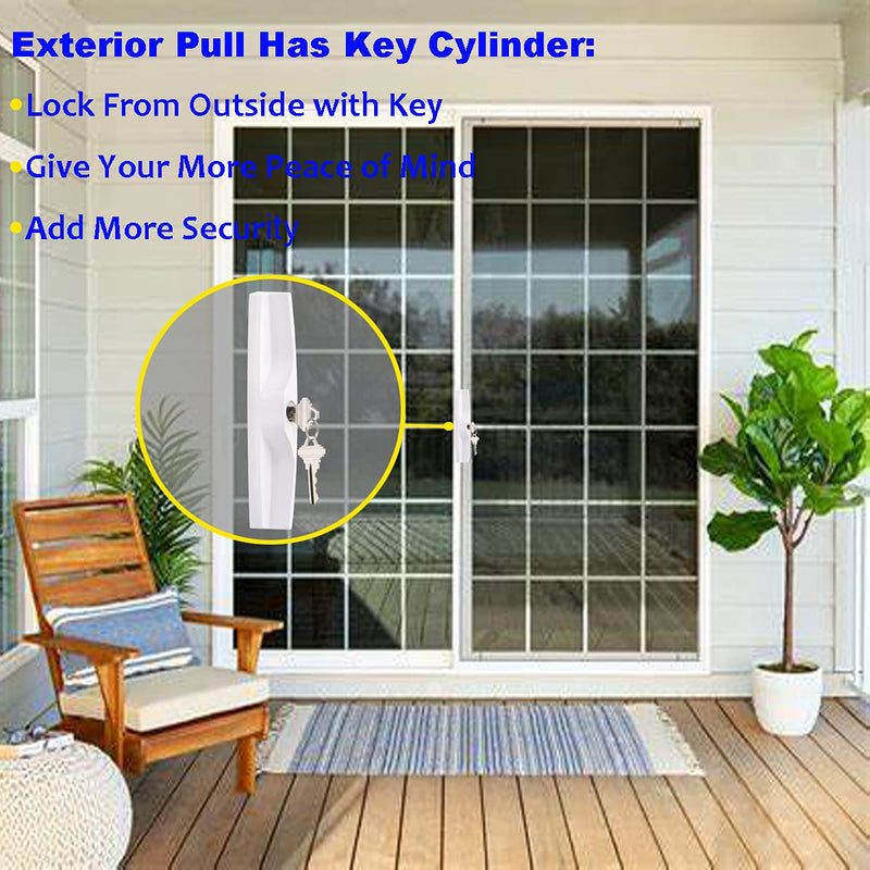 Sliding Patio Door Handle Set with Key Cylinder and Mortise Lock, Full Replacement Handle Lock Set Fits Door Thickness from 1-1/2" to 1-3/4", 3-15/16” Screw Hole Spacing, Reversible Design(Non-Handed) White