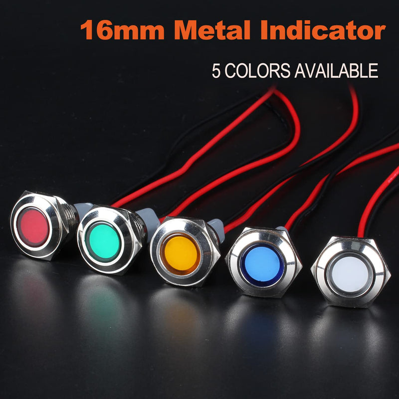 2PCS 16mm Metal Indicator Light Mounting Hole 5/8", 110-220VAC 20mA Waterproof IP67 Single lamp LED Pilot Lamp Flat Head with 20cm/7.87in. Wire for Car Truck Boat(Red LED) Red 110-220V 16mm