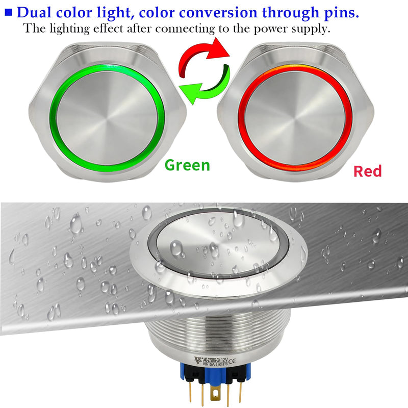 40mm 1.57" Momentary Big Push Button Switch 2 Color Light Red and Green 12VDC/AC Stainless Steel 316 Waterproof IP67 DPDT with Wire (Volts, 12) 12.0 Volts