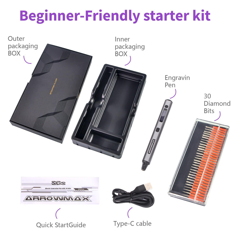 AM ARROWMAX Mini Engraving Pen: Ultimate Cordless Portable Tool for Artists & DIYers - Engrave 50+ Surfaces - Beginner Friendly - Engraving Pen for Bead, Metal, Wood, Glass and Plastic Grey-simple