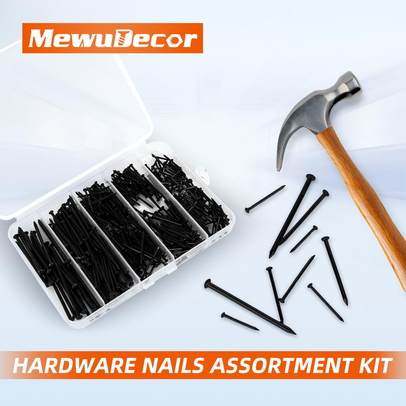 5 Sizes Hardware Nails Assortment Kit, Flat Nails for Picture Wall Hanging, Wood Nails, Common Nails Hanging Nails, Black, 400 PCS