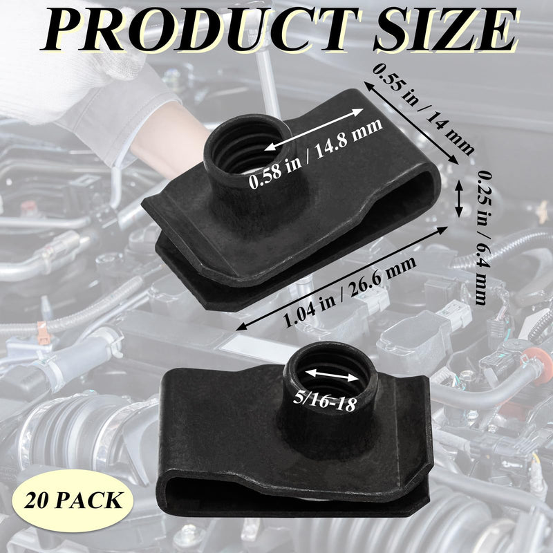 20 Pcs Extruded U Type Nuts Black U-Style Clip-On Nut Bumper Fender U Style Clip U Style Fasteners for Automotive Metal Fender Grill Retainer Clips (5/16-18) 5/16