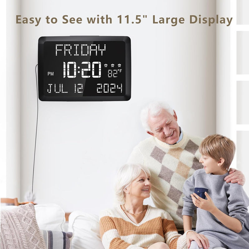 Raynic Digital Clock, 11.5" Large Display Calendar Clock with Day and Date, Indoor Temperature, Adjustable Brightness, Snooze,12/24H, DST for Home, Office, Elderly White Font