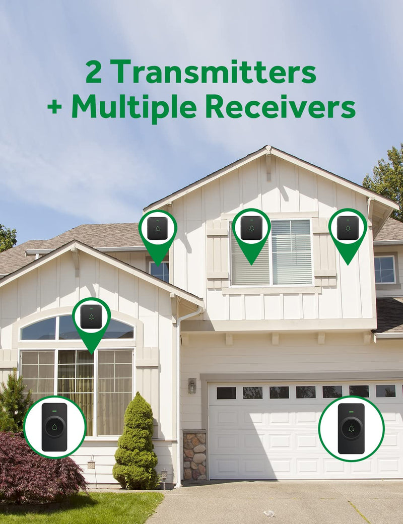 AVANTEK Wireless Door Bell, CB-21 Mini Waterproof Wireless Doorbell Operating at Over 1000 Feet, 2 Remote Buttons Can Have Different Tones, 52 Melodies, CD Quality Sound and LED Flash 2 Transmitters Black