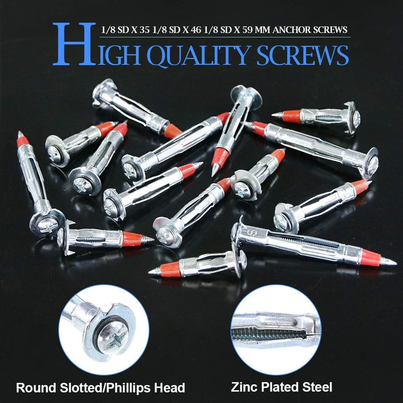 Glarks 60Pcs Heavy Duty 1/8 inch 35/46/59mm Zinc Plated Steel Molly Bolt Drive Hollow Drive Wall Anchor Screws Assortment Kit Molly Bolt Kit