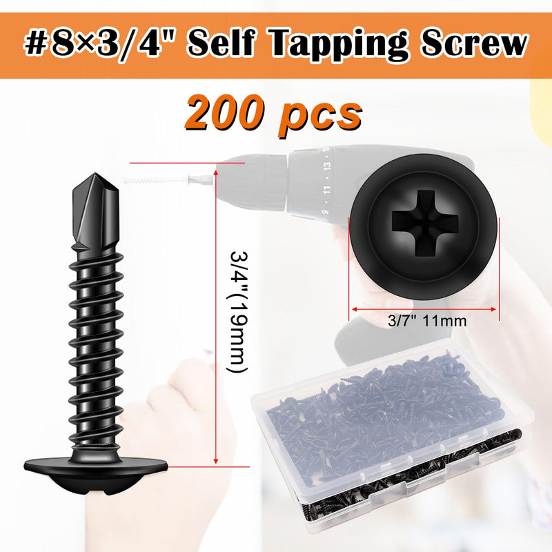 weideer 200pcs #8×3/4" Self Tapping Screws for Metal, Sheet Metal Screws, 410 Stainless Steel Black Oxide Truss Head Screws,Self Drilling Screws,Quick Tapping Screw with Screwdriver Bit #8x3/4"