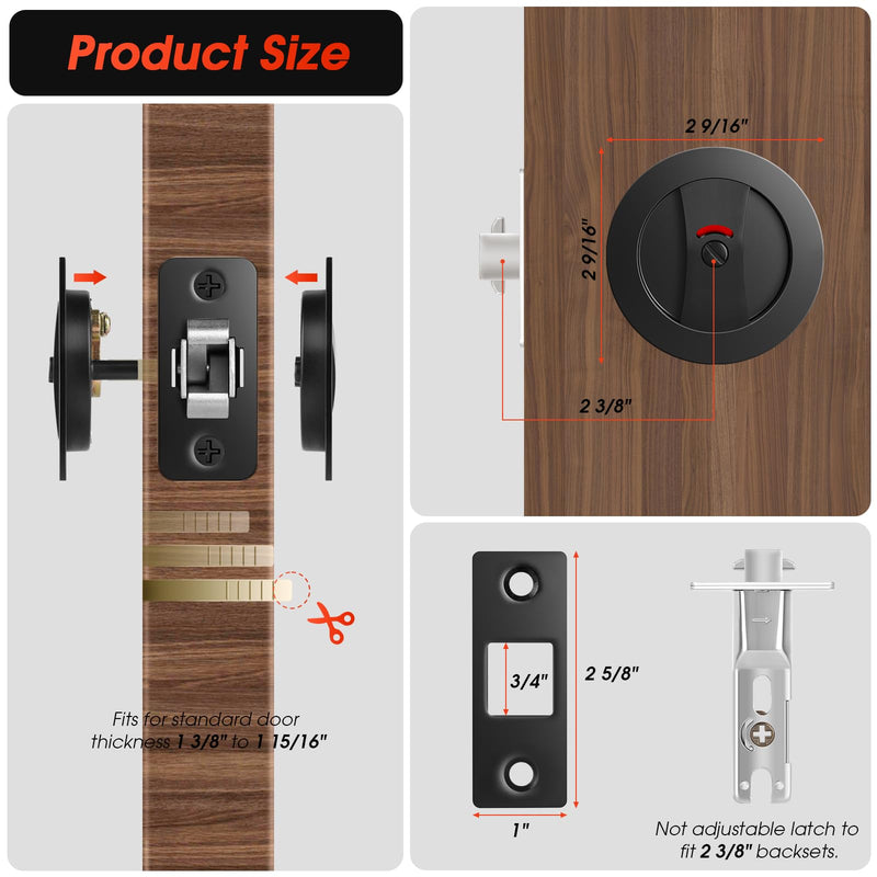 Matte Black Pocket Door Hardware with Indicator, Contemporary Privacy Round Pocket Door Lock, Heavy Duty Flush Pocket Door Hardware for Bathroom, 2-3/8" Backset, Matte Black Privacy with Indicator