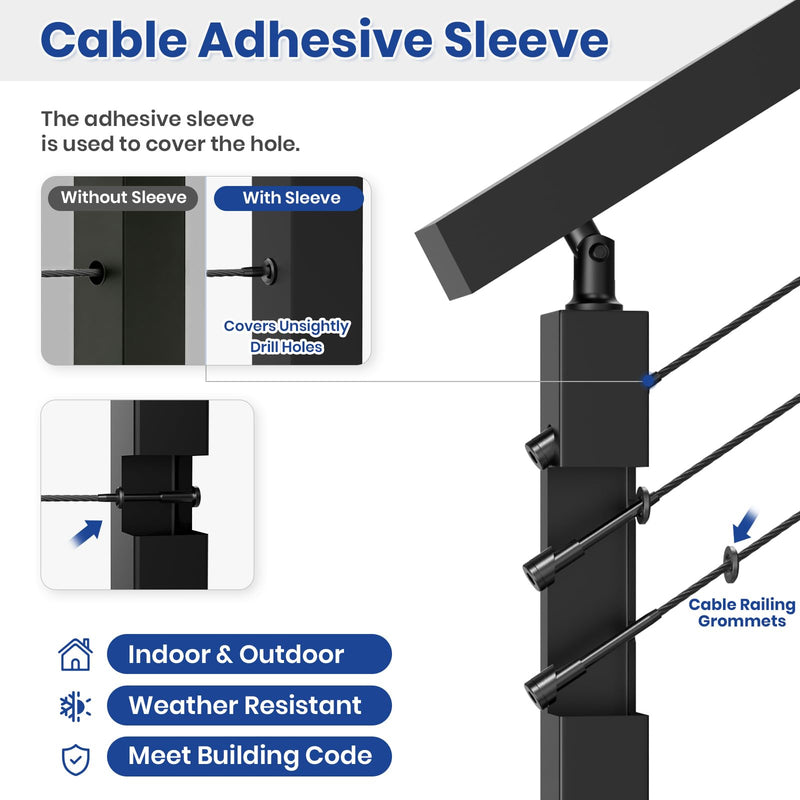 BLIKA 100 Pack Black Cable Railing Adhesive Sleeves for Deck/Stair Posts